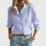 Agnete striped ruffle front blouse in Blue, front view