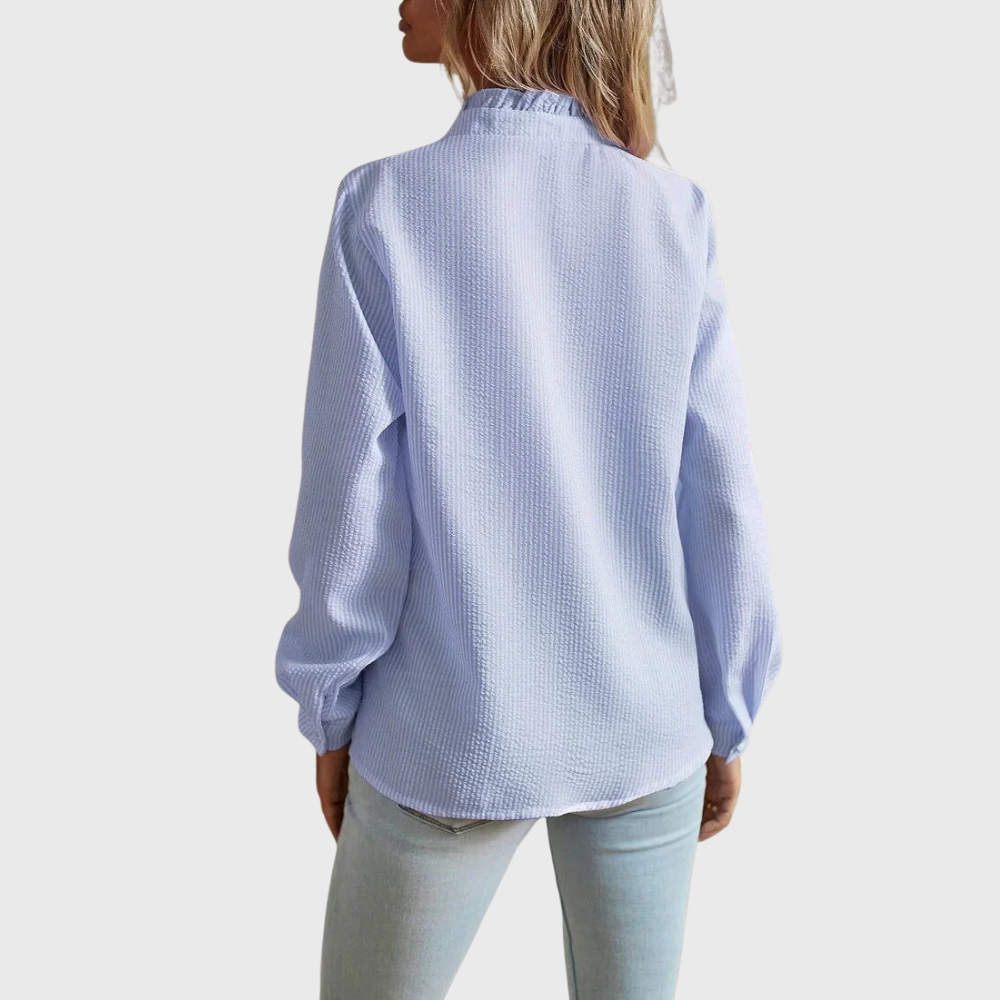 Agnete striped ruffle front blouse, view 2