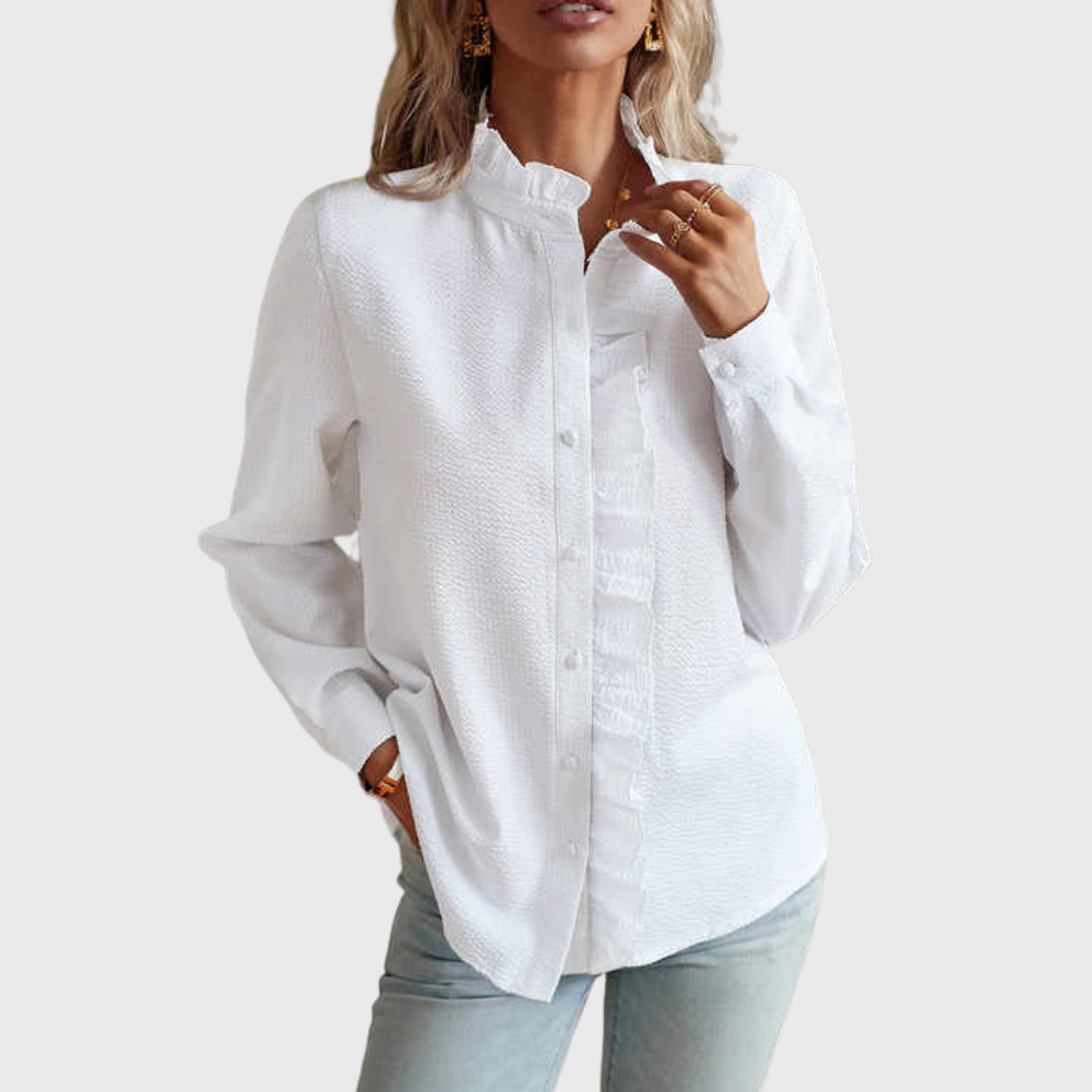 Agnete striped ruffle front blouse in White, view 3