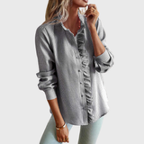 Agnete striped ruffle front blouse in Grey, view 5