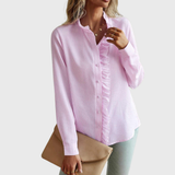 Agnete striped ruffle front blouse in Light Pink, view 7