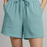 Relaxed high waist drawstring shorts with patch pockets in Cyan, view 11
