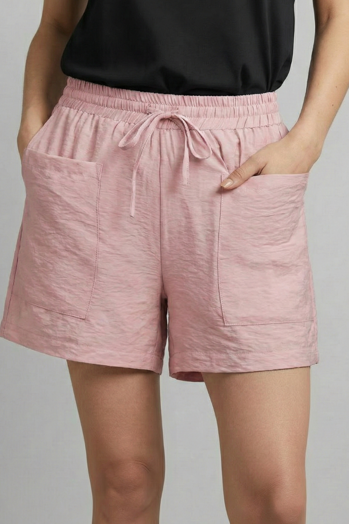 Relaxed high waist drawstring shorts with patch pockets in Pink, view 9