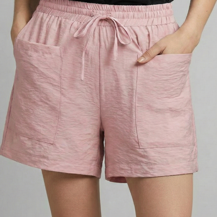 Relaxed high waist drawstring shorts with patch pockets in Pink, view 9