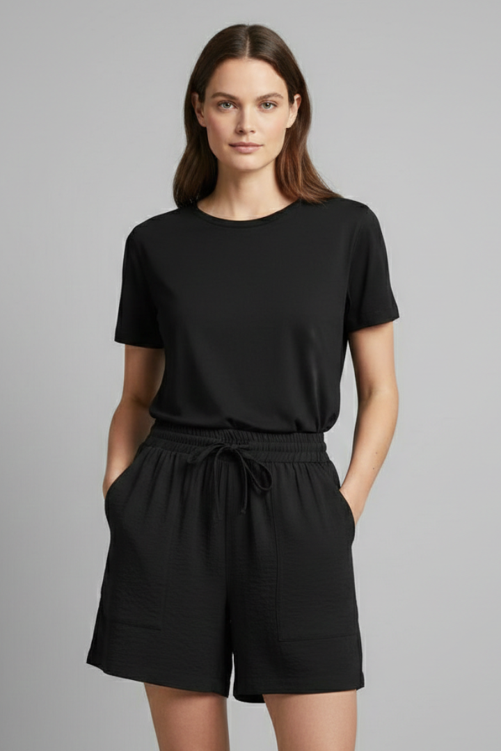 Relaxed high waist drawstring shorts with patch pockets, front view