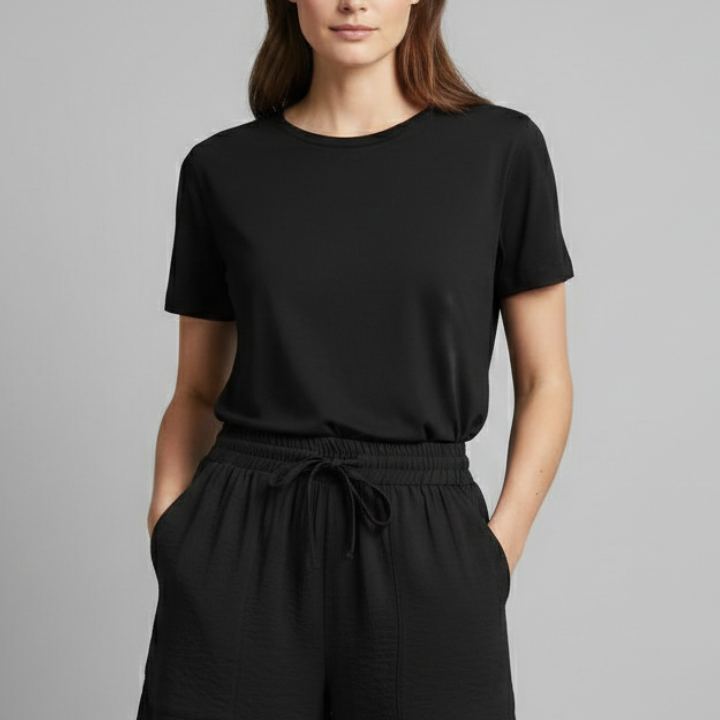 Relaxed high waist drawstring shorts with patch pockets, front view