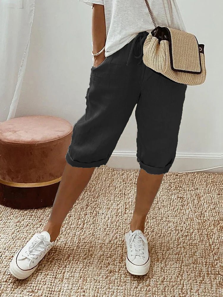 Relaxed linen cropped drawstring trousers in Black, view 2