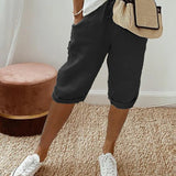 Relaxed linen cropped drawstring trousers in Black, view 2