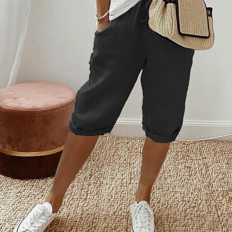 Relaxed linen cropped drawstring trousers in Black, view 2