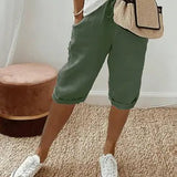Relaxed linen cropped drawstring trousers in Green, view 3