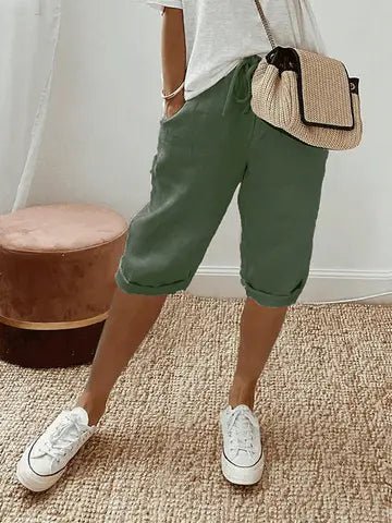 Relaxed linen cropped drawstring trousers in Green, view 3
