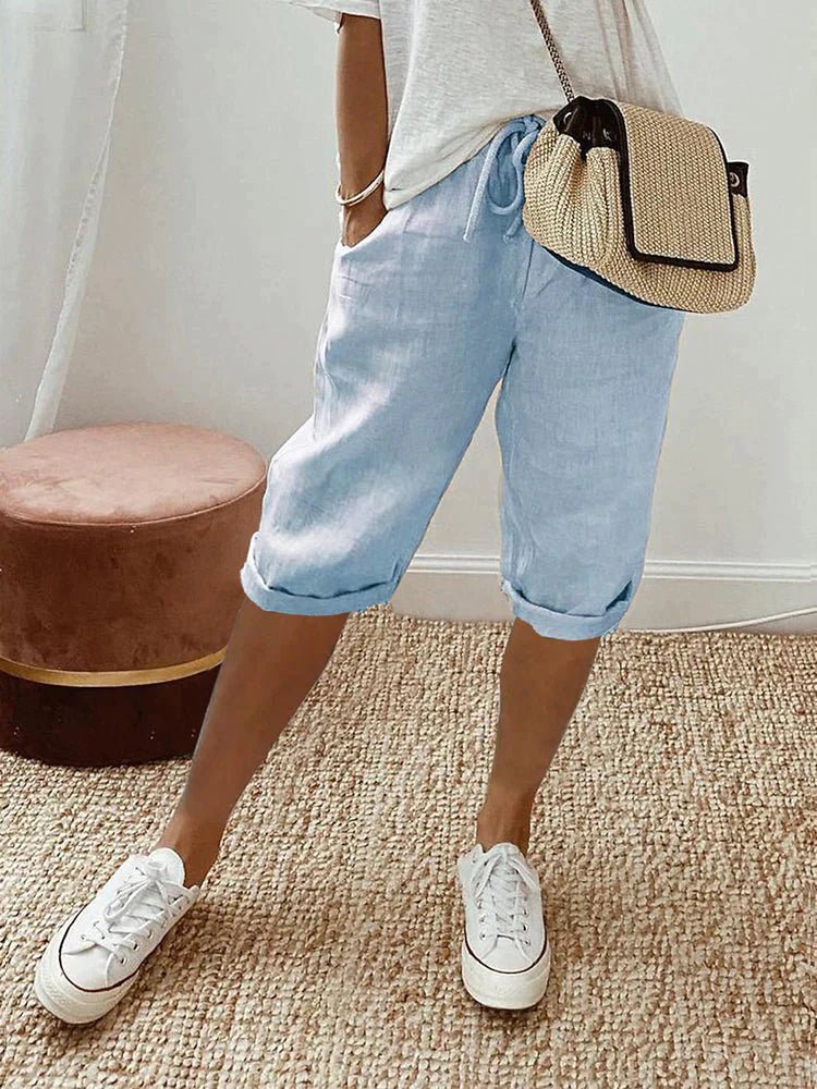 Relaxed linen cropped drawstring trousers in Blue, view 4
