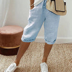 Relaxed linen cropped drawstring trousers in Blue, view 4