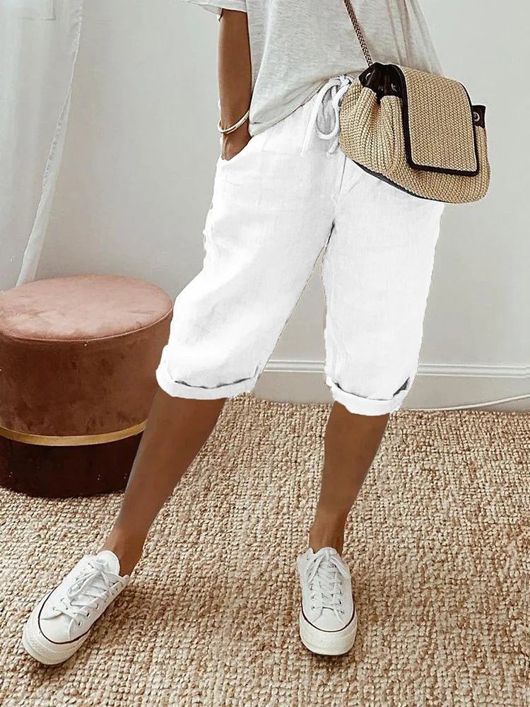 Relaxed linen cropped drawstring trousers in White, view 5