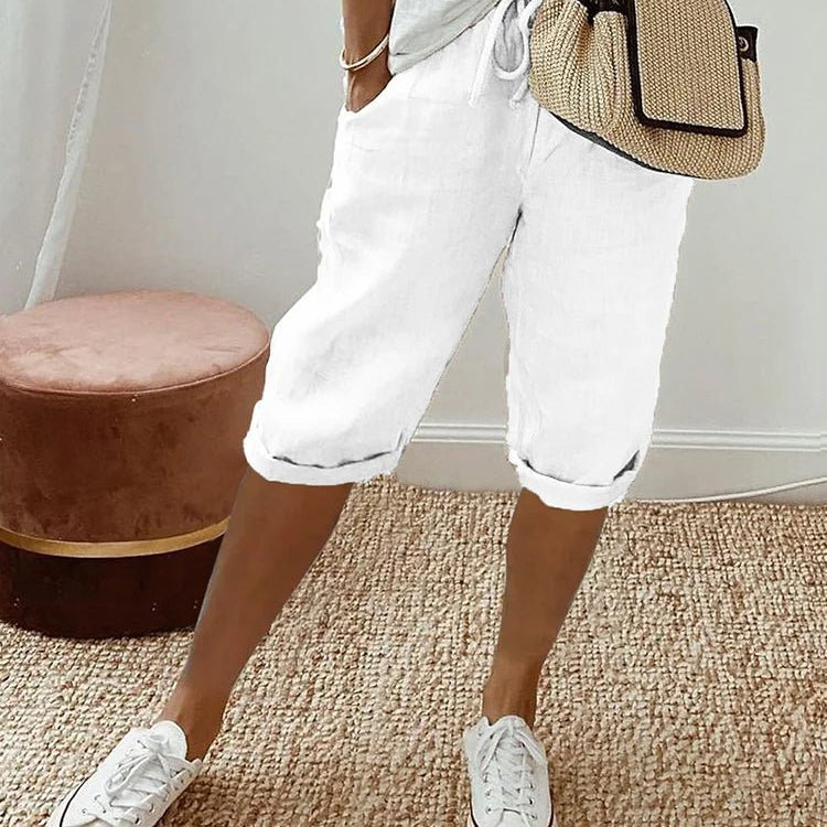 Relaxed linen cropped drawstring trousers in White, view 5
