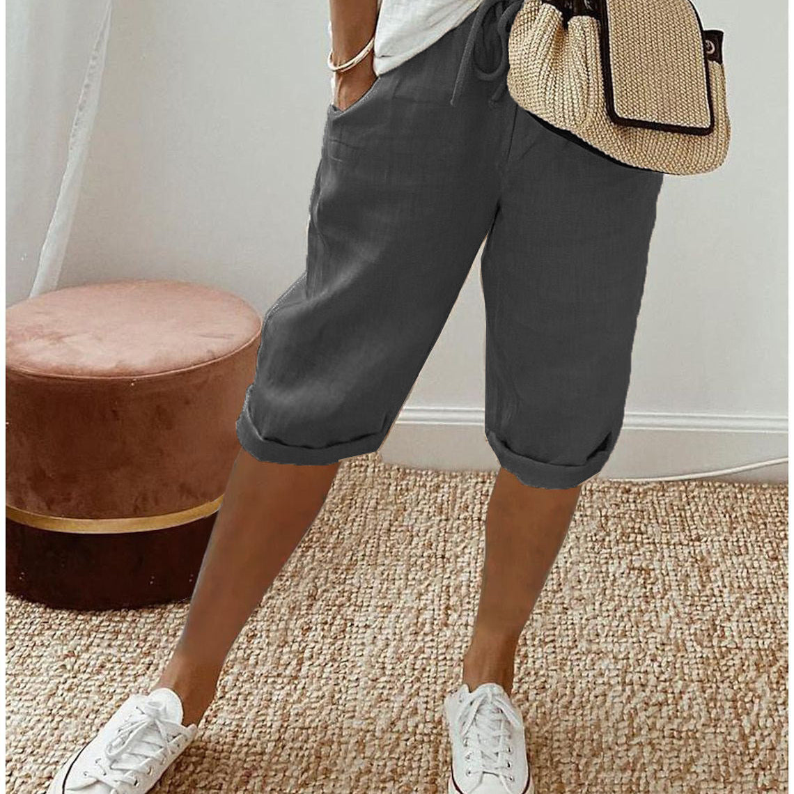 Relaxed linen cropped drawstring trousers in Grey, view 6