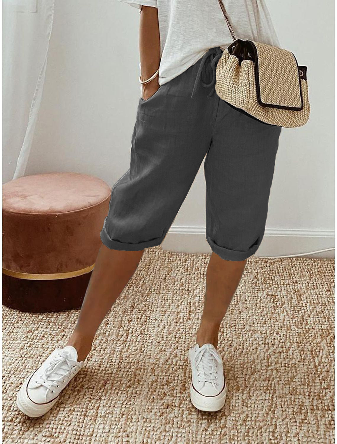 Relaxed linen cropped drawstring trousers in Grey, view 6