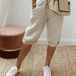 Relaxed linen cropped drawstring trousers in Beige, front view