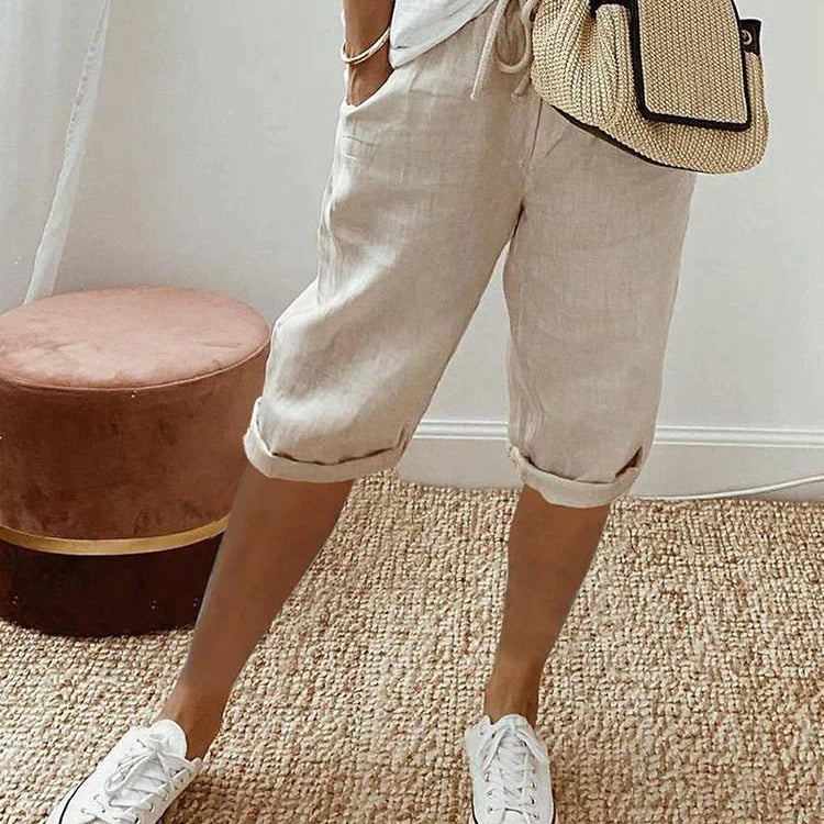 Relaxed linen cropped drawstring trousers in Beige, front view