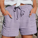 Relaxed linen drawstring shorts in Purple, view 3