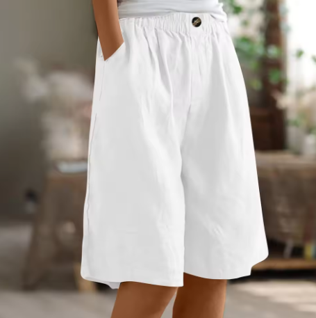 Relaxed linen elastic waist shorts in White, view 11