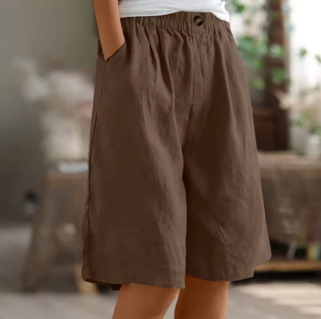 Relaxed linen elastic waist shorts in Brown, view 12