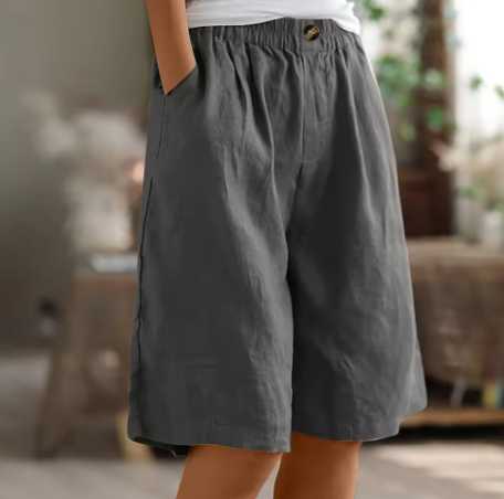 Relaxed linen elastic waist shorts in Grey, view 2