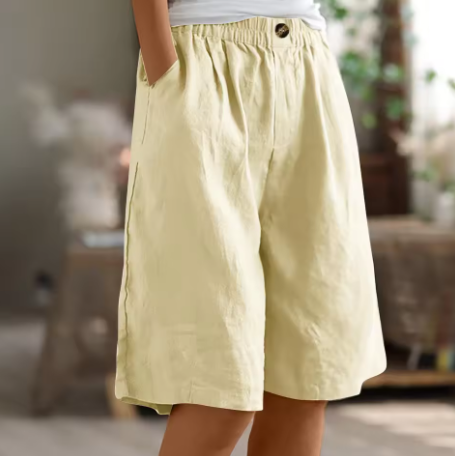 Relaxed linen elastic waist shorts in Beige, view 3