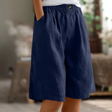 Relaxed linen elastic waist shorts in Navy Blue, view 6