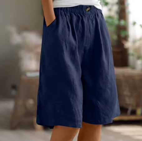 Relaxed linen elastic waist shorts in Navy Blue, view 6