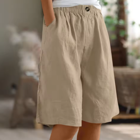 Relaxed linen elastic waist shorts in Khaki, view 8