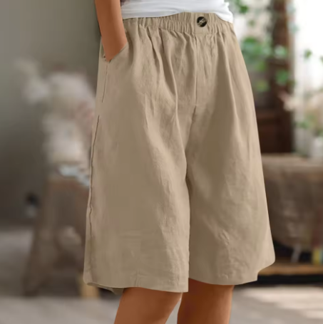 Relaxed linen elastic waist shorts in Khaki, view 8