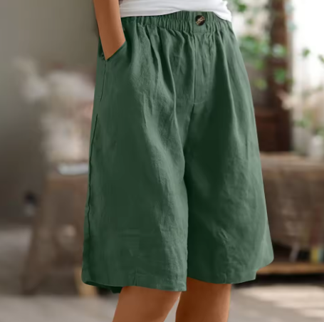 Relaxed linen elastic waist shorts in Green, view 9