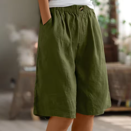 Relaxed linen elastic waist shorts in Army Green, front view