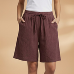 Wide leg linen drawstring shorts in Coffee, view 10