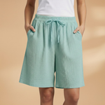 Wide leg linen drawstring shorts in Mint, view 11