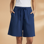 Wide leg linen drawstring shorts in Dark Blue, view 12