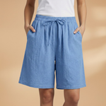 Wide leg linen drawstring shorts in Blue, view 13