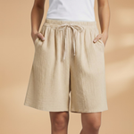 Wide leg linen drawstring shorts in Khaki, view 14