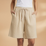 Wide leg linen drawstring shorts in Khaki, view 14