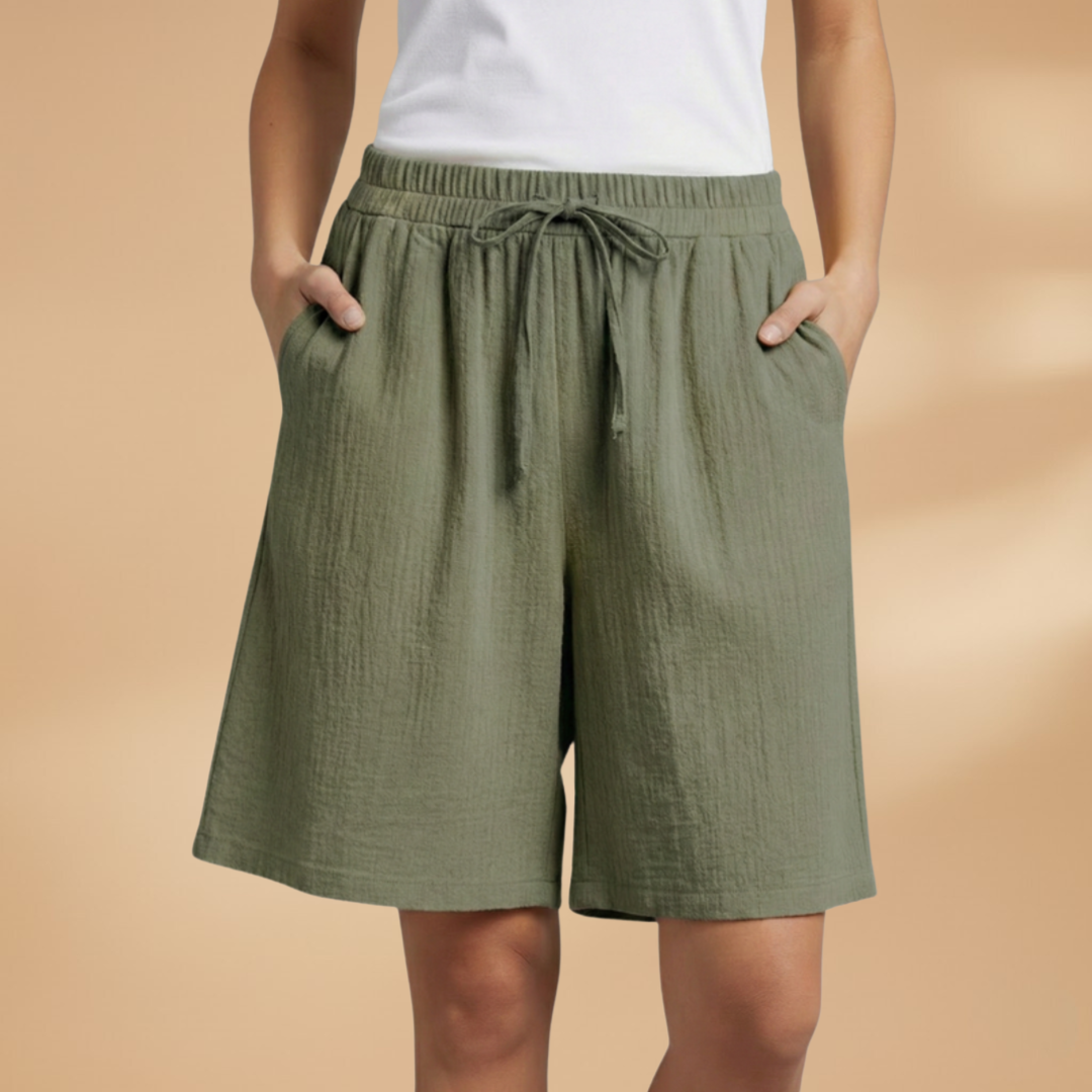 Wide leg linen drawstring shorts in Army Green, view 4