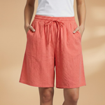 Wide leg linen drawstring shorts in Coral Red, view 5