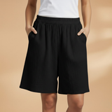Wide leg linen drawstring shorts in Black, view 6