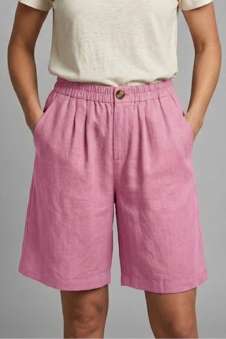 Relaxed linen button waist shorts in Pink, view 10