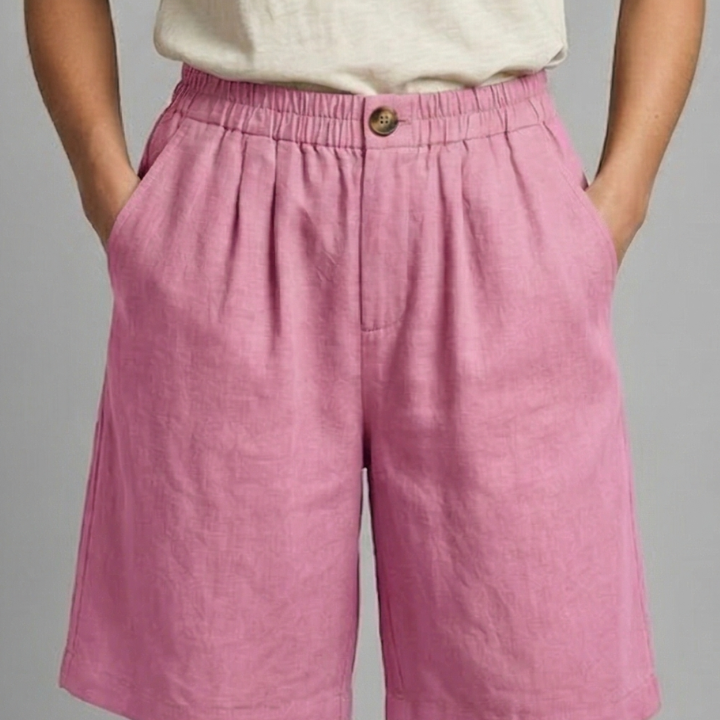 Relaxed linen button waist shorts in Pink, view 10