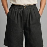 Relaxed linen button waist shorts in Black, view 11