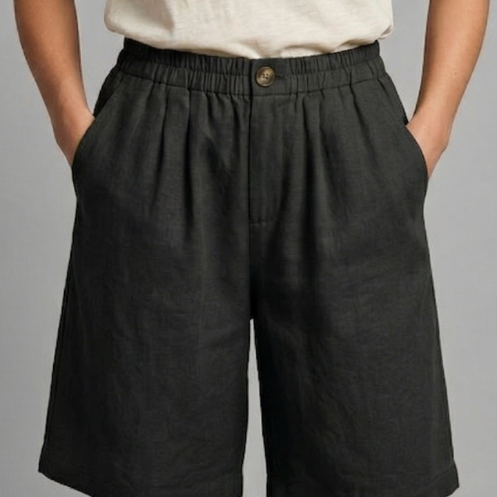 Relaxed linen button waist shorts in Black, view 11