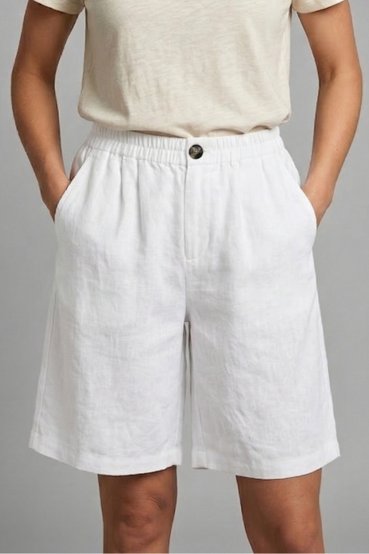 Relaxed linen button waist shorts in White, view 12