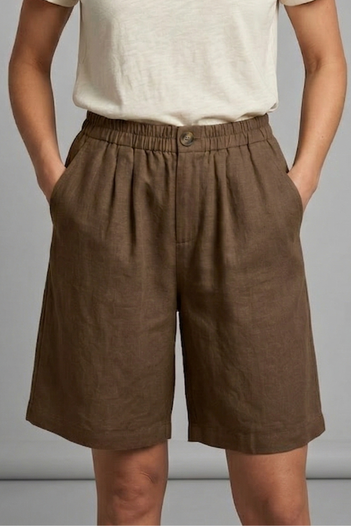 Relaxed linen button waist shorts in Brown, view 13
