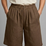 Relaxed linen button waist shorts in Brown, view 13
